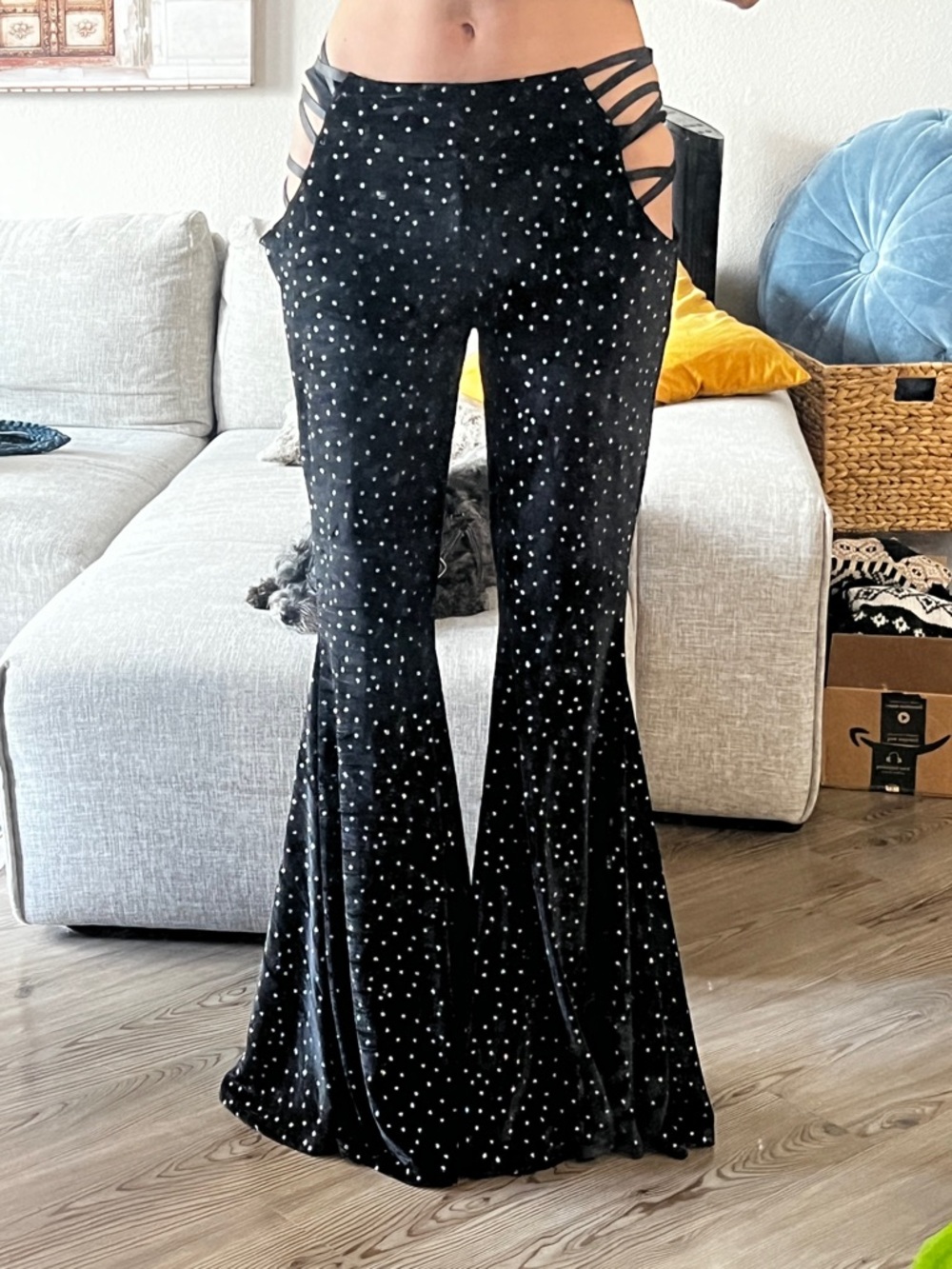 Black Velvet low-Waist Flared Pants with Side Cutouts